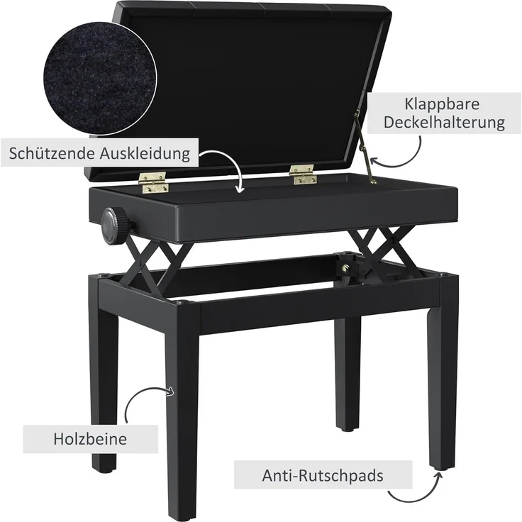 HOMCOM Klavierbank Klavierbank Klavier Bank Schminkhocker mit Stauraum (Hocker, 1-St, Klavierhocker), 54.5 x 33 x 48-58 cm – Bild 6
