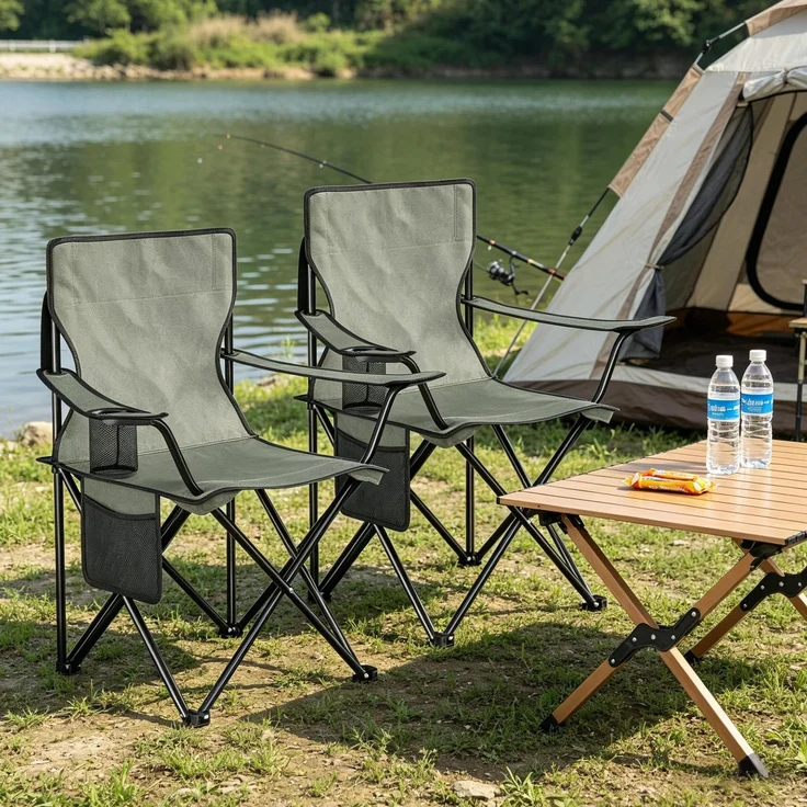 Campingstuhl 47x76x80,5 cm, 2er-Set mit Getränkehalter und Tragetaschen – klappbar, dunkelgrau – Bild 4