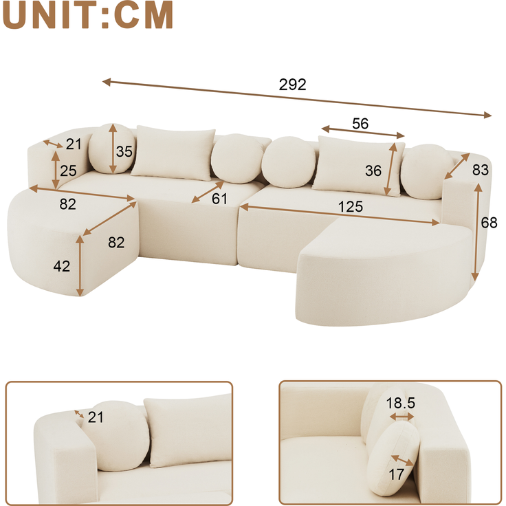 Merax 4-Sitzer Sofas, 292cm Modulare Sofa, Modulare Schlafcouch mit Schlaffunktion, Vollkomprimierte Cloud Couch, Chenille, Ohne Montage, Beige – Bild 4