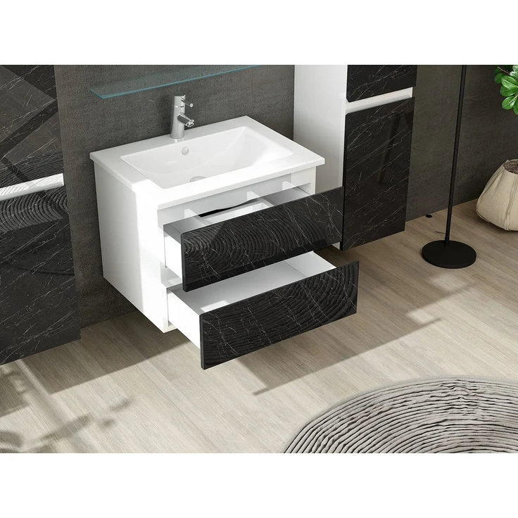 Homeline Badmöbel Set mit Schubladen Glas ablage (Luci Weiss Schwarz-Marmor, 60 cm ohne Hochschrank) – Bild 6
