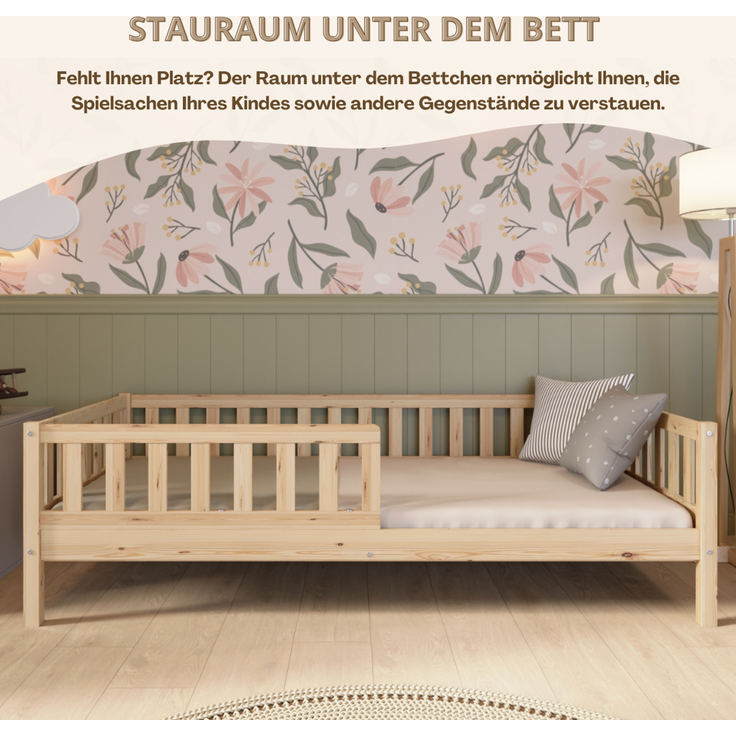 Crazy Pine 'Crazy Basic' Kinderbett mit Rausfallschutz, Skandinavisches Design, Holz, Natur, 120x200 cm, ohne Ausstattung – Bild 7