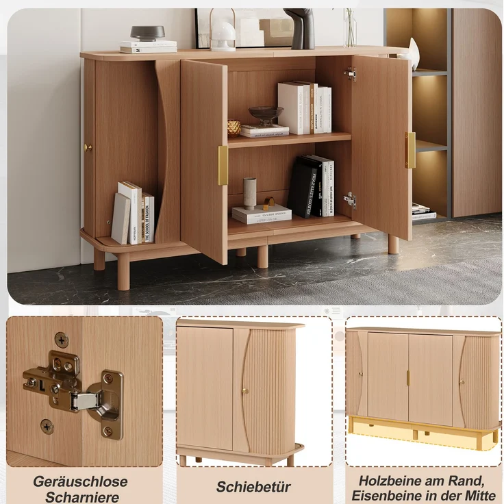 DESVIAE Sideboard Naturfarben aus MDF – 140x88x40 cm – 2 Rollotüren, verstellbarer Einlegeboden – Bild 6