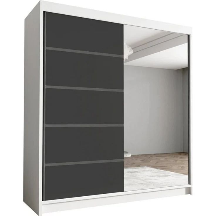 Schwebetürenschrank Harry III 180 cm mit Spiegel - Kleiderschrank, Schiebetürenschrank mit Kleiderstange und Einlegeboden, Schlafzimmerschrank, Schiebetüren - 180x215x58 cm (Weiß/Schwarz) – Bild 3