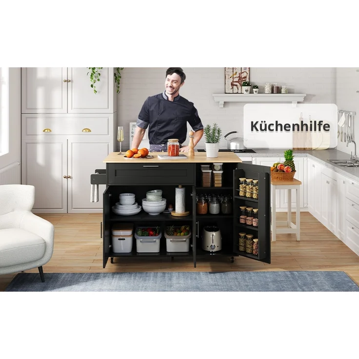L132.5*B44(70)*H90cm großer mobiler Küchentisch, Arbeitsplatte klappbar, Eiche Maserung, multifunktionaler Schrank, Gewürzregal, Handtuchhalter, 5 Rollen, geeignet für Küche/Essen/Haus – Bild 10