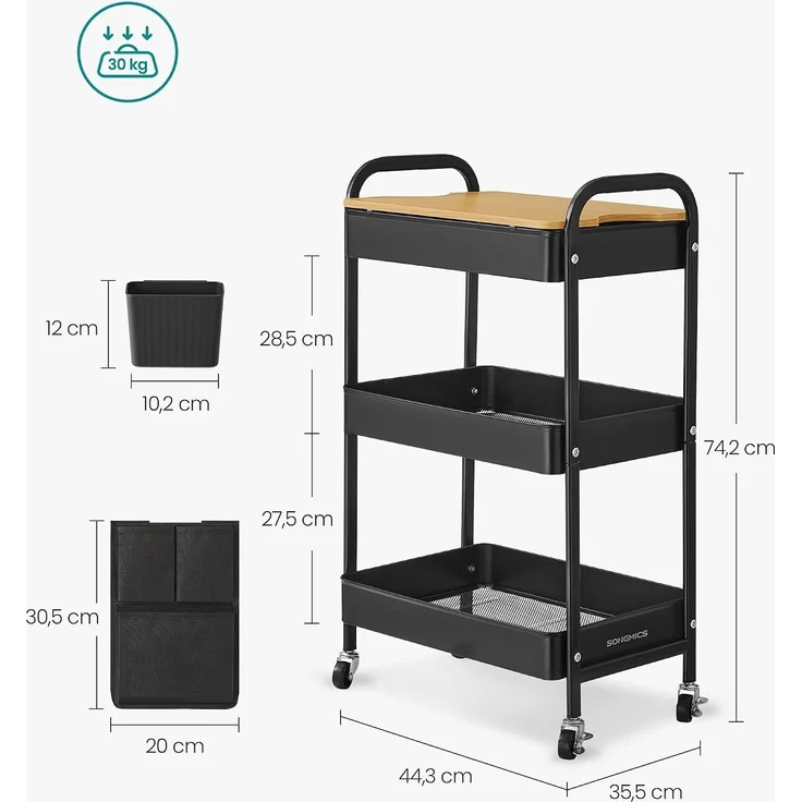 Songmics Rollwagen, Küchenwagen, 3 Metallgitterablagen, Servierwagen, 2 abnehmbare Hängebehälter, 2 Organizer, für Büro, Küche Wohnzimmer, Badezimmer, – Bild 5