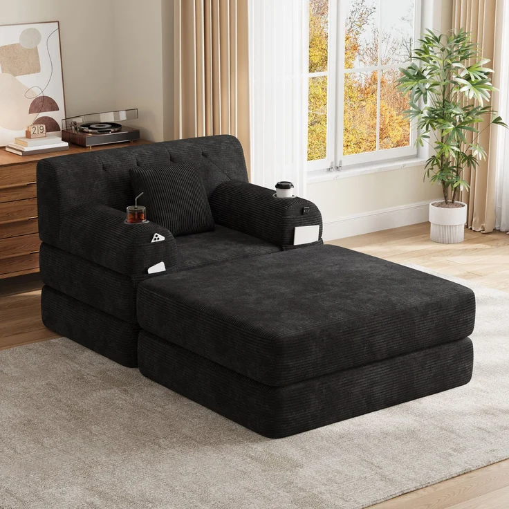 ZUBALIYA Schlafsofa 162x81 cm, mit Stauraum, mit Samtbezug, mit Cordbezug, mit Knopfheftung, mit breiten Armlehnen, Schwarz – Bild 4