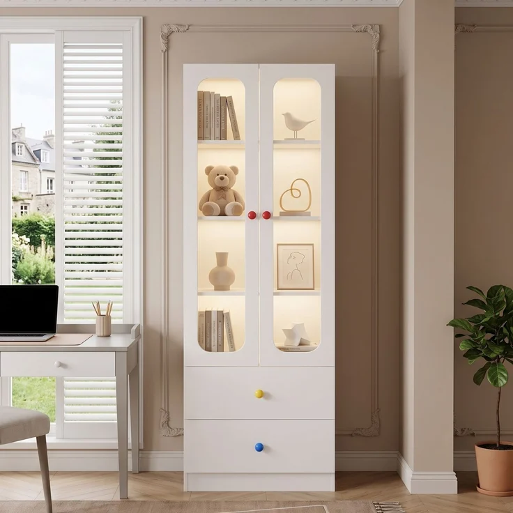 Vitrine 60x35x170 cm in Weiß mit Glastüren, LED-App-Steuerung und 2 Schubladen – Bild 4