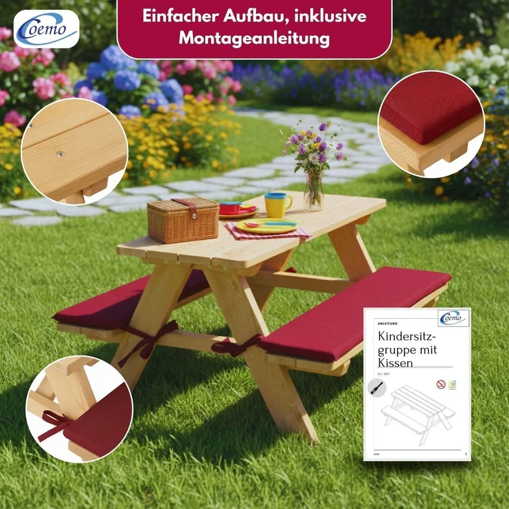 Coemo Kinder-Sitzgruppe Natur Picknicktisch mit Polster Spieltisch Gartentisch Holz – Bild 4