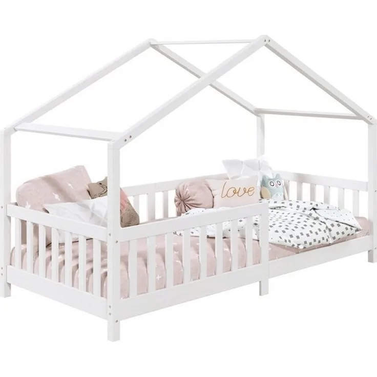 IDIMEX Hausbett LISAN aus massiver Kiefer in weiß, schönes Montessori Bett in 90x200 cm, stabiles Indianerbett mit Rausfallschutz und Dach