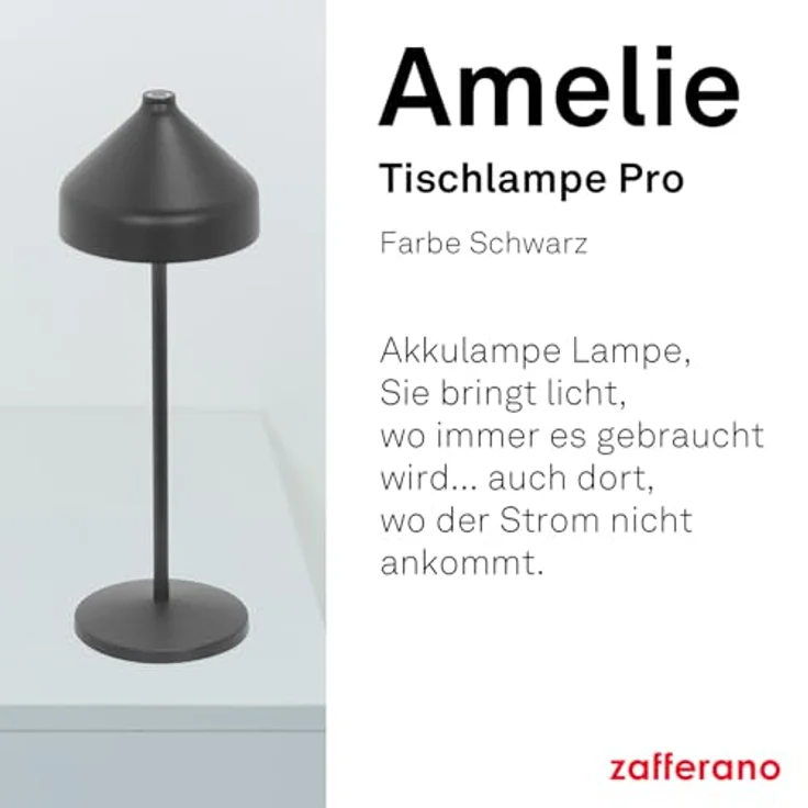 Zafferano, Amelie Lampe, Wiederaufladbare und Kabellose Tischlampe mit Touch Control, Geeignet für den Innen- und Außenbereich, Dimmer, 2200-3000 K, Höhe 34 cm, Farbe Schwarz – Bild 2