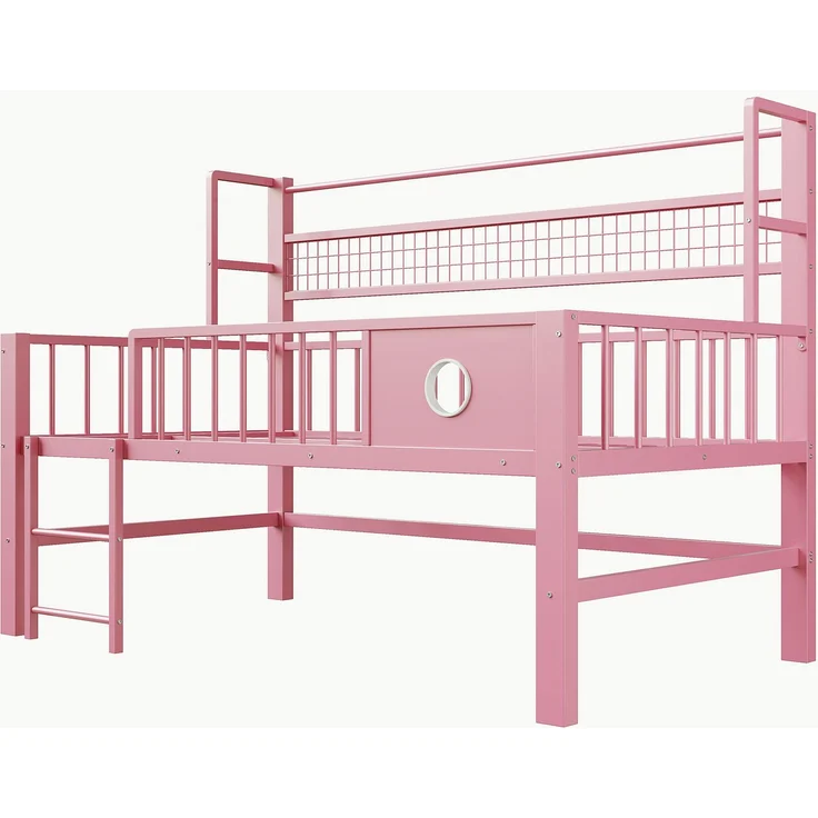 EINHOM Kinderbett 90 x 200 cm, Niedriges Hochbett mit Metallrahmen und Ablagefächern, Geeignet für Kinder und Jugendliche. Rosa (Ohne Matratze) – Bild 6