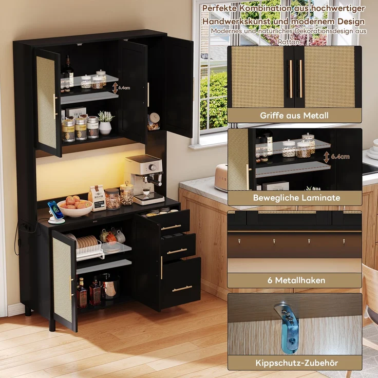183cm Küchenanrichte, Buffet, App-gesteuerte LED-Deko-Lichter, 2 x USB, 2 x Steckdosen, verstellbare Einlegeböden, 3 Schubladen, goldene Metallgriffe, ideal für Küchen und Esszimmer. – Bild 4