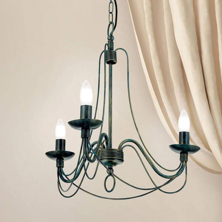 Orion Kronleuchter Vela, dreiflammig mit antiker Patina-Lackierung in schwarz-grün