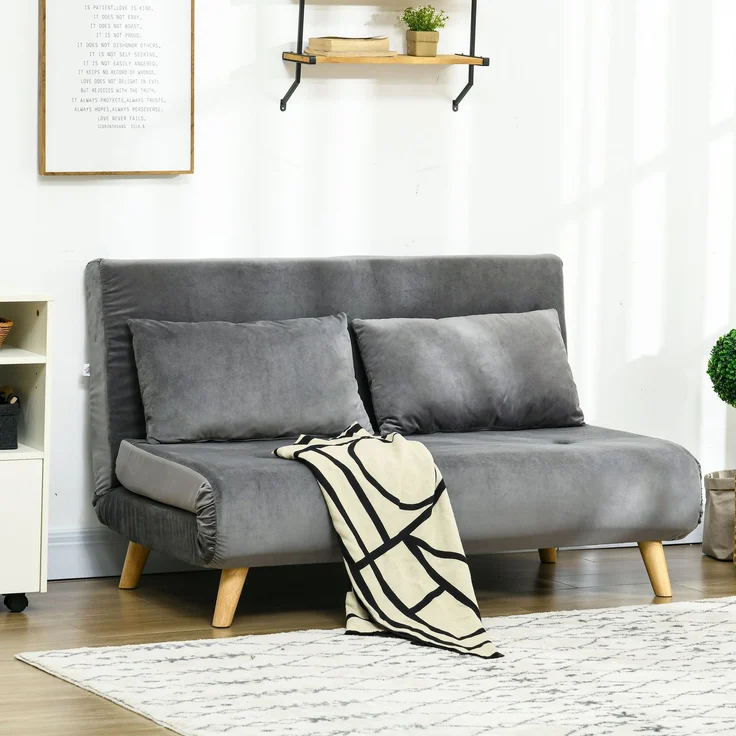 HOMCOM 2-Sitzer Sofa mit Bettfunktion, verstellbare Rückenlehne, Samtoptik, bis 250 kg belastbar, Grau, 130 x 78 x 79 cm – Bild 2
