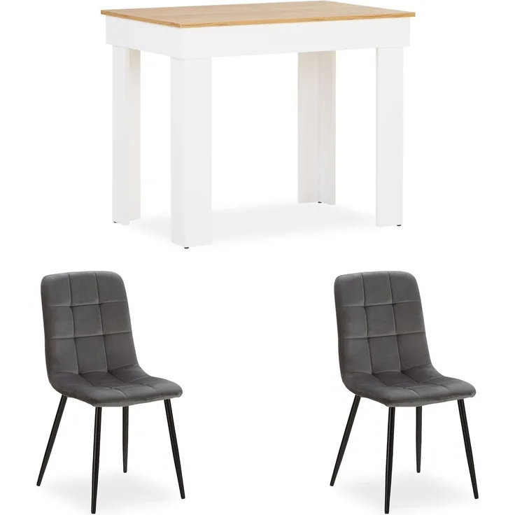 Esstisch mit 2 Stühlen Set Essgruppe Samt Polsterstühle Grau Küchentisch Weiß Modern Holz Eiche 90x60 cm Esszimmertisch Massiv