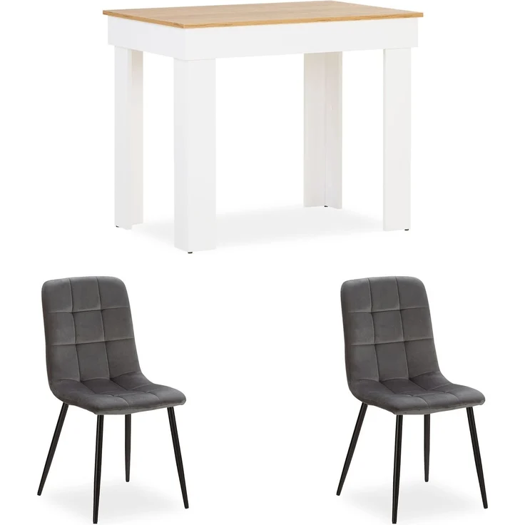 Esstisch mit 2 Stühlen Set Essgruppe Samt Polsterstühle Grau Küchentisch Weiß Modern Holz Eiche 90x60 cm Esszimmertisch Massiv – Bild 1