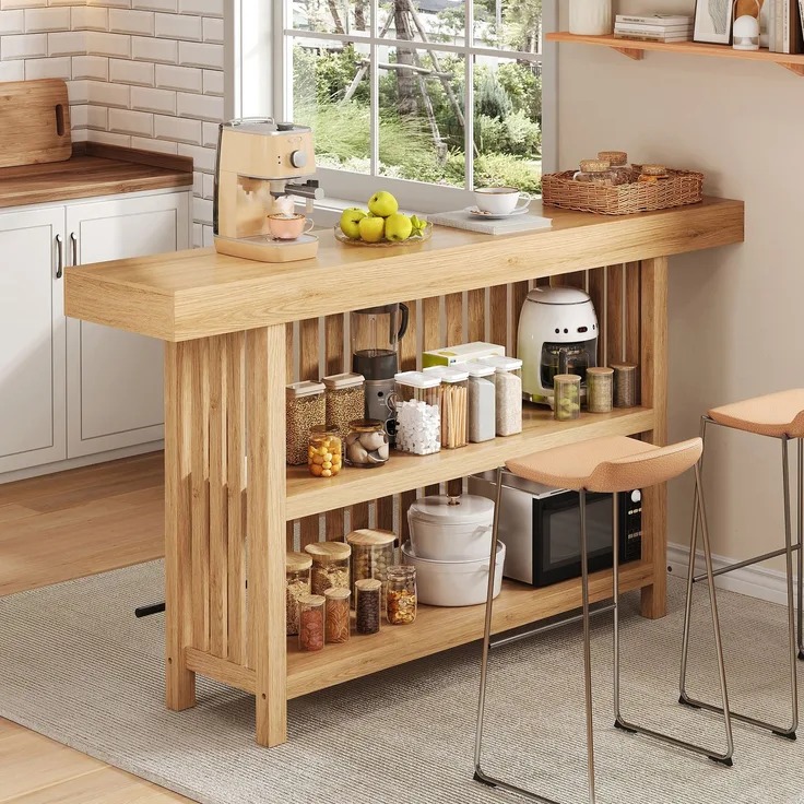 Bartisch 160 x 40 x 105 cm aus MDF in Holzoptik mit Fußstütze und 2-stufigem Regal