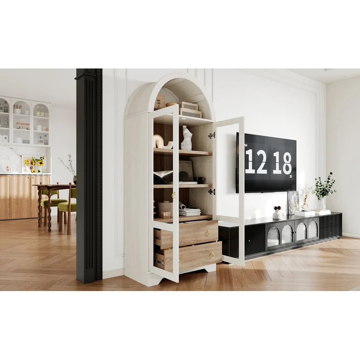 ZUBALIYA Highboard mit verstellbaren Regalböden und Schubladen / Küchenschrank mit transparentem Glas und großem Stauraum, mit ideal für Esszimmer und wohnzimmer und Küche (Weiß) – Bild 2