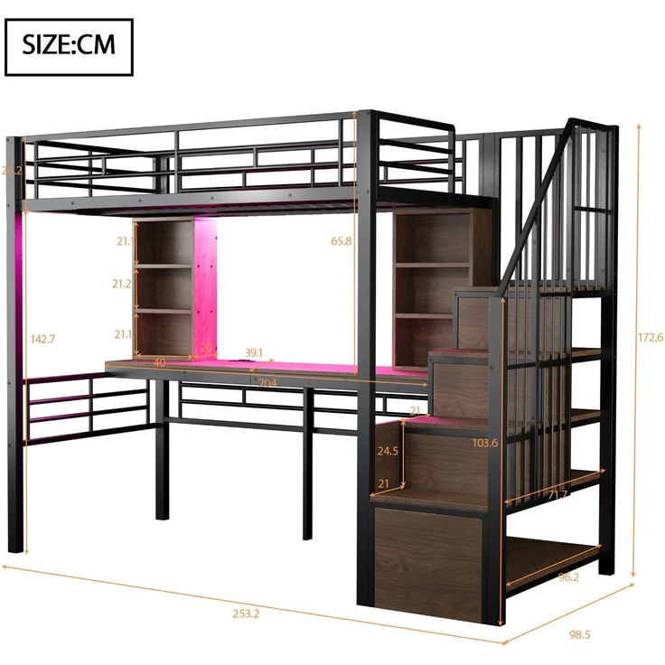 Merax Hochbett Kinderbett 90×200 cm, Jugendbett, Einzelbett mit Ablage, Schreibtisch, Steckdose und LED-Beleuchtung, Integrierter Stauraumtreppe (links/rechts montierbar), Schwarz – Bild 4