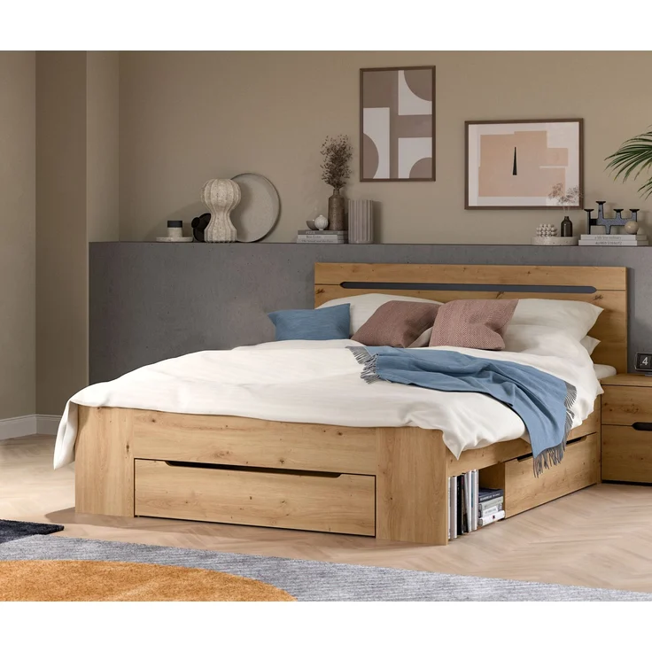 Bett Sova 140x200, Modernes Bett in Eiche-Optik mit Schubladen & Fächern – Bild 2