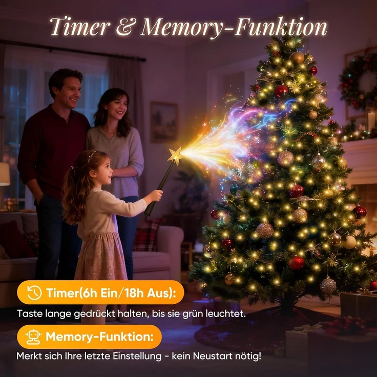 Salcar LED-Lichterkette Weihnachtsbaum Lichterkette 8 Girlanden mit Zauberstab Fernbedienung, 2m 280er LED Christbaumbeleuchtung für 150cm bis 240cm Tannenbaum – Bild 5