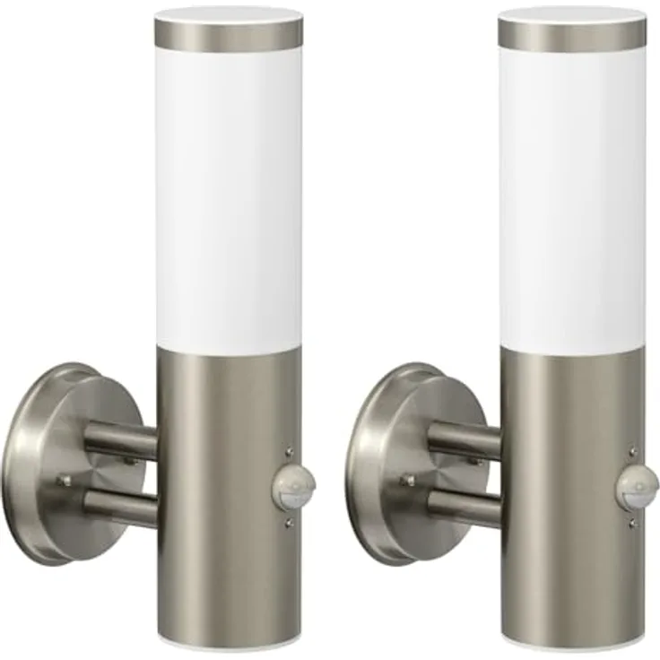 ledscom.de Wandleuchte PORU, 2 Stück, Edelstahl matt, IP44, mit Bewegungsmelder, rund, 1x E27 max. 15W