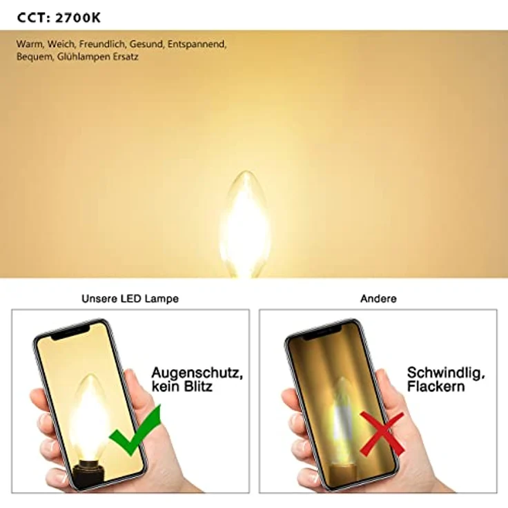 LVWIT E14 Kerze LED Lampe 6W 806 Lumen für Kronleuchter, E14 Glühfaden Retrofit Classic Glühbirne, ersetzt 60W, 2700K Warmweiß, Filament Fadenlampe, Glas, nicht dimmbar (6er Pack) – Bild 6