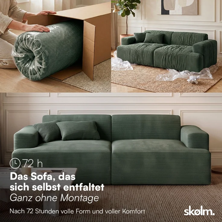 skølm 'Freki' Cloud Sofa 2 Sitzer, Vollschaumcouch mit Federkern und Vakuum-Kompression, kein Aufbau erforderlich, mit 2 Kissen, Cord dunkelgrün – Bild 3
