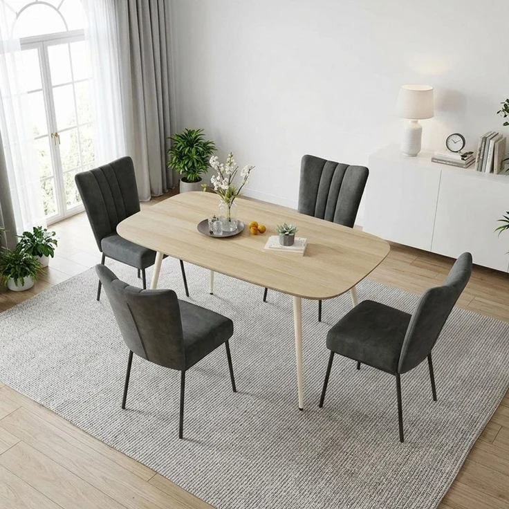 Jiexi Essgruppe Esstisch Set 5-teilig 120x69 MDF Eichenoptik Kombi mit Samt Stühlen – Bild 2