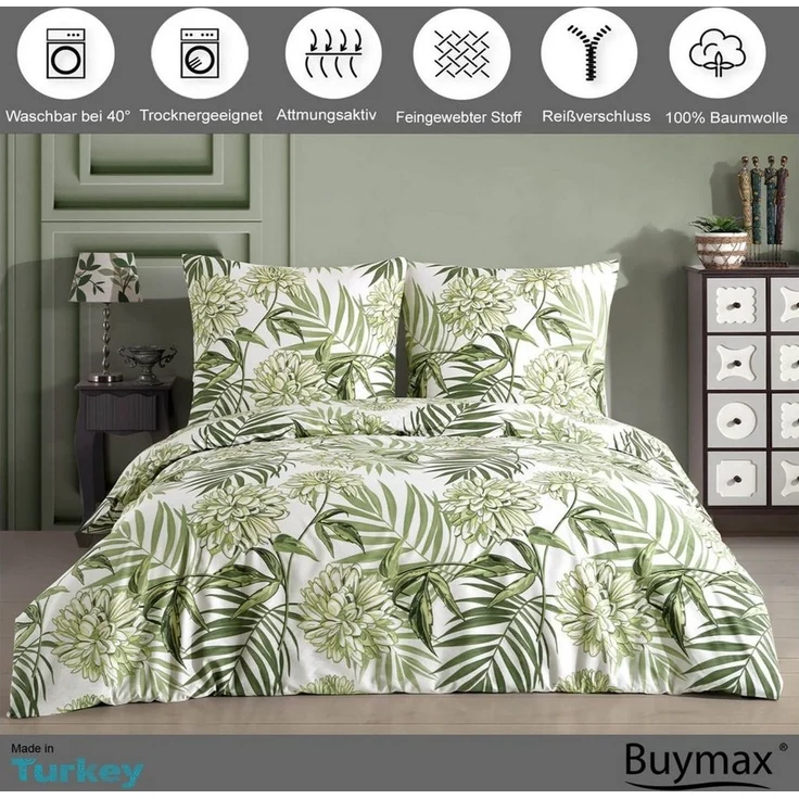 Buymax Bettwäsche Amazing Green, Renforcé: 100% Baumwolle, 4 teilig, 155x220 cm, Bettbezug-Set, mit Reißverschluss, Blumen Eukalyptus Grün – Bild 2