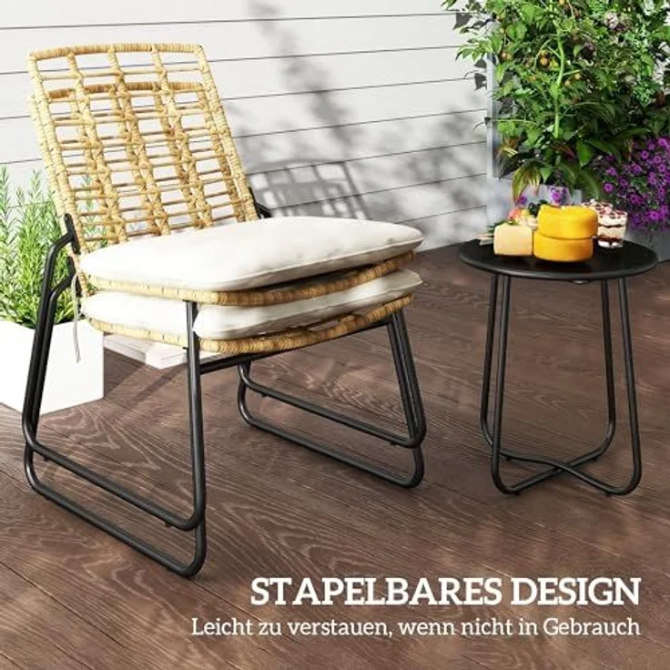 Outsunny Gartenlounge-Set 3-teilig, mit 2 stapelbar Stühle, Tisch, Kissen, wetterfest, (Balkonmöbel Set für 2 Personen, 3-tlg, Rattan Gartenmöbel Set), für Terrasse Balkon, Beige & Braun – Bild 5