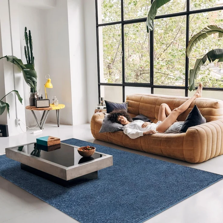 Teppich Wohnzimmer Hochflor Shaggy - 150x150cm - Blau Einfarbig Uni Flauschig Modern Boho Deko Teppiche Weich Schlafzimmer – Bild 7