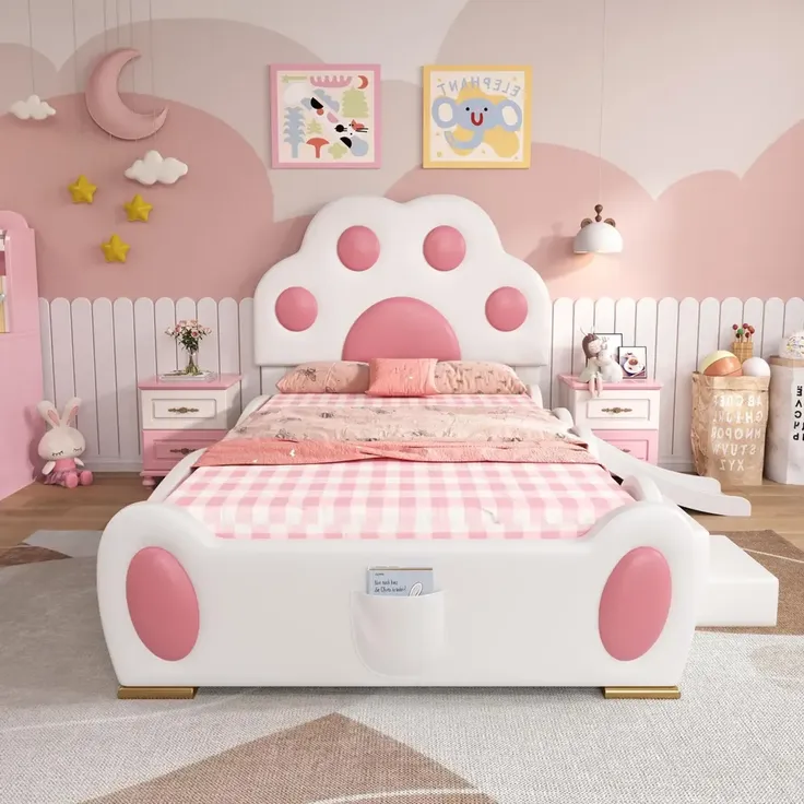 Kinderbett mit Rutsche, Treppe, gepolstertem Kopfteil und Rausfallschutz, 90x200cm, Einzelbett Polsterbett, Kunstleder – Bild 2