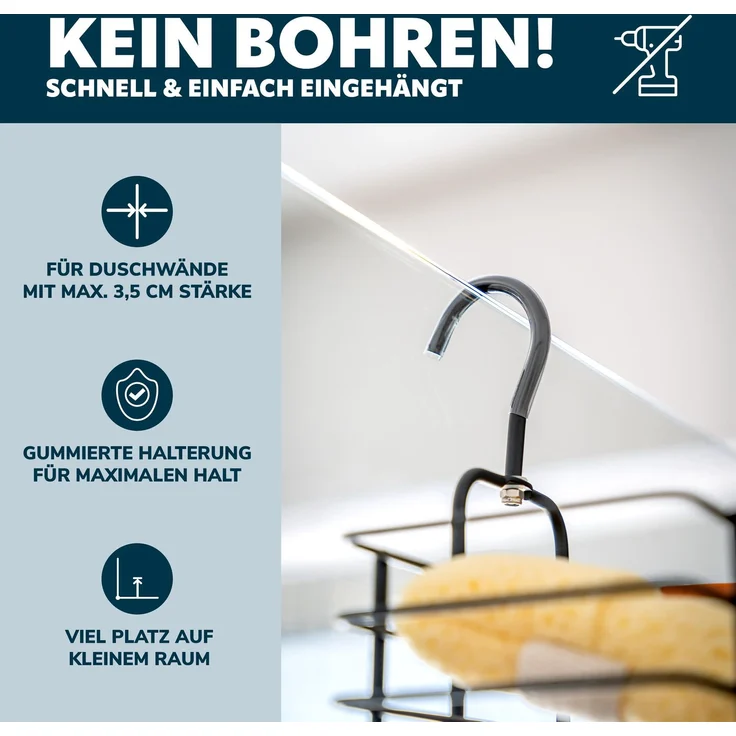 Duschregal mit 2 Körben, Duschkorb zum Einhängen mit versetzbarem Haken aus schwarzem Metall – Bild 3