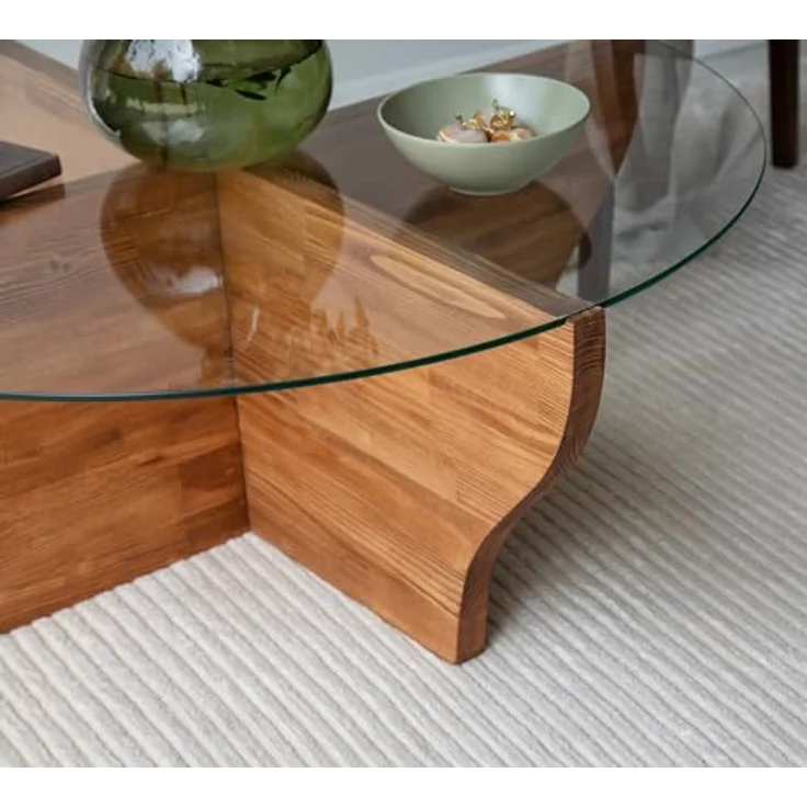Modern Coffee Table, Chestnut Color, 92 x 36 x 92 cm | 100% Tempered Glass Top, 100% Pine Solid Wood Frame | Stylish & Functional for Living Spaces – Bild 7