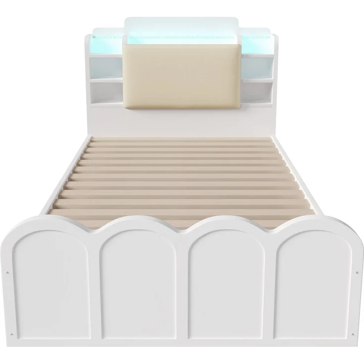 Holzbett mit RGB LED-Streifen, Stauraum, Lattenrost, Kopfteil mit Polsterung, Regal, USB, Type-C, 90x200cm, Einzelbett, Stauraumbett, Jugendbett – Bild 8
