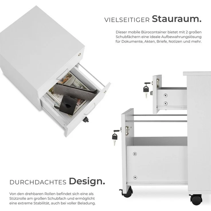 tectake Rollcontainer Rollschrank Vagur, 2 abschließbare Schubladen, mit 2 Schubladen für Dokumente im A4 Format – Bild 2