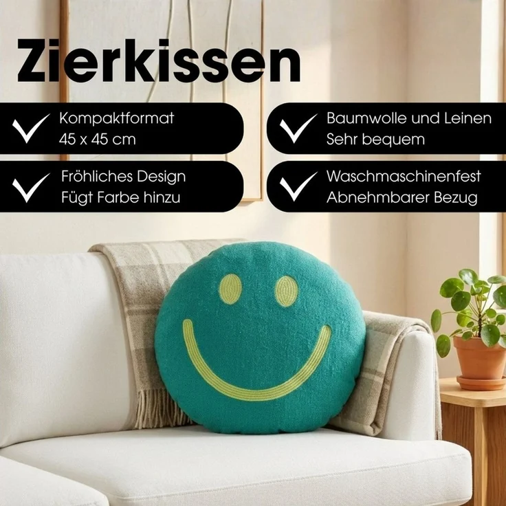 Mica Decorations Zierkissen Mica Decorations Smiley Deko Kissen – Ø45 x 10 cm – Bild 2