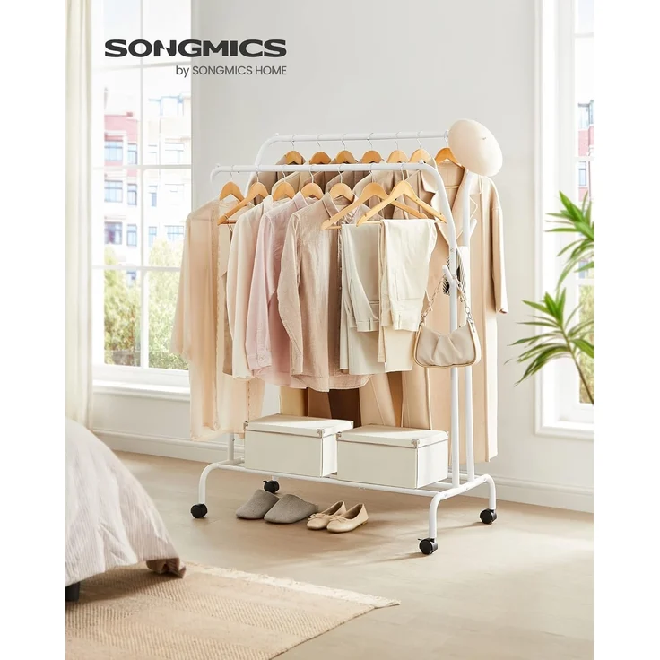 SONGMICS Kleiderständer auf Rollen, 2 Kleiderstangen, Garderobenstange, Garderobenständer aus Stahlrohren, bis 100 kg belastbar, 103,5 cm breit, multifunktionale Aufbewahrung, weiß HSR107W01 – Bild 2