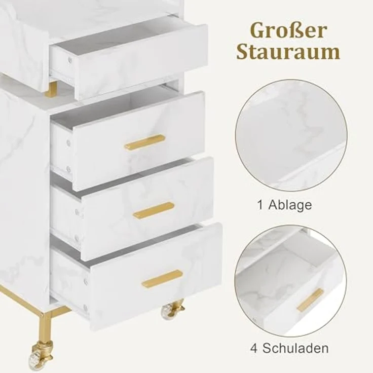 M MCombo Servierwagen mit Rollen & 4 Schubladen, Rollwagen Friseurwagen Weiß, Salon Trolley mit Ablage, Moderner Arbeitswagen für Bad Wohnzimmer, 0062 – Bild 6