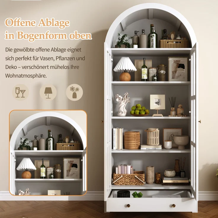 Moderner bogenförmiger Standhochschrank mit mehreren Regalebenen & Schublade – Multifunktionale Vitrine & Regalschrank mit höhenverstellbaren Einlegeböden für Wohnzimmer, Arbeitszimmer und Esszimmer--Weiß--75x35x170.5cm--YOUDENOVA – Bild 8