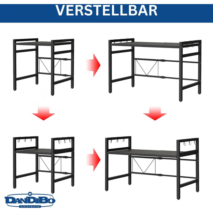 DanDiBo Verstellbares Mikrowellenregal 2 Stufig 40-64 cm Mikrowellen Regal 96613 Stehend Mikrowellenständer Küchenregal – Bild 3