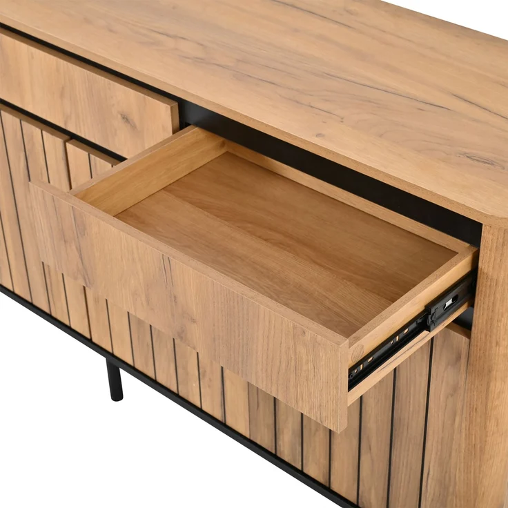 Merax 160cm Sideboard, Fernsehschrank mit 3 Auszugschubladen & 3 Lamellentüren, 6 Metallfüße, abgerundete Kanten, Eichenfarbe – Bild 7