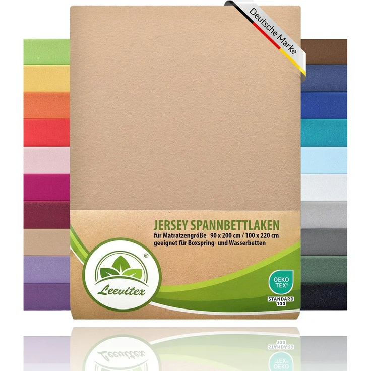 leevitex® Spannbettlaken, Premium 170g/m², Gummizug: rundum, schwer und dick, 100% Jersey-Baumwolle, Sand / Cappuccino, 90 x 200 - 100 x 220 cm – Bild 1