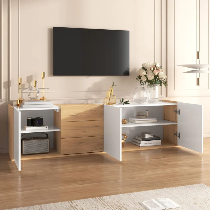 TV-Schrank 171 cm Weiß Holzoptik mit 3 Türen & 3 Schubladen, Lowboard mit verstellbaren Regalen – Bild 2