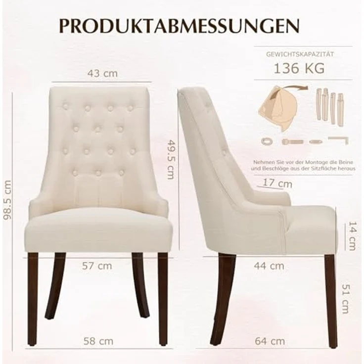 COLAMY Esszimmerstühle 2er Set, Moderne Küchenstuhl Gepolsterte Esszimmerstühle im Wingback, Polsterstuhl Wohnzimmerstuhl mit Knopfsteppung für Esszimmer, Küche, Restaurant mit Holzbeinen, Beige – Bild 3