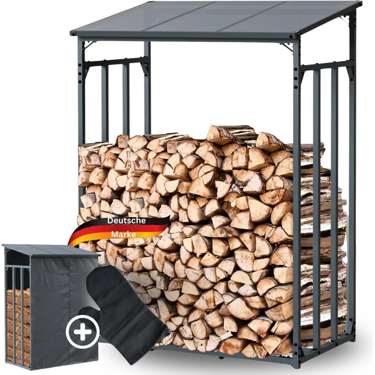 DELUKE® Kaminholzregal Außen mit Dach ELOS - 130x70x185cm | Metallrahmen, Inkl. Ofenhandschuh | Brennholzregal außen Brennholzunterstand Kaminholzunterstand Holzlager – Bild 1