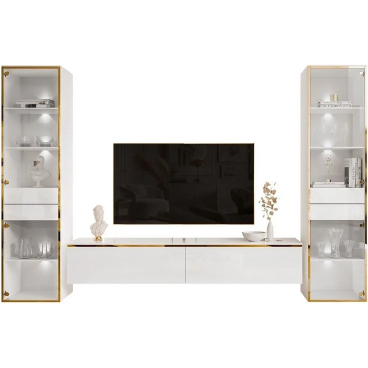 ALLHOUSE24 Wohnzimmer-Set Möbelset PEONY GOLD mit LED weiß Hochglanz Glasvitrine TV Schrank, (1x TV Schrank, 2 x Vitrinen), Fronten in Hochglanz, LED Beleuchtung