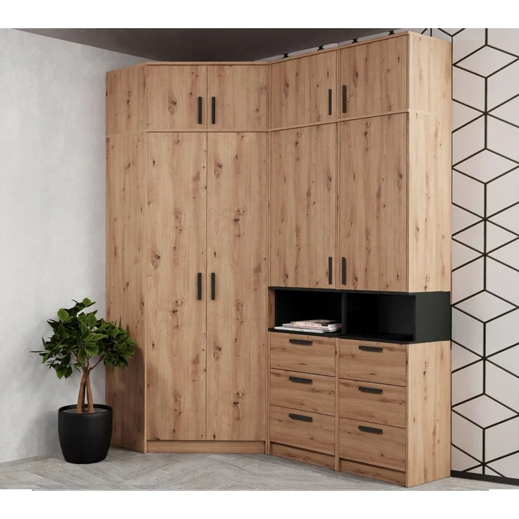 Marmex Möbel Grant 14A Ein Schrank-Set, zwei Büchrregale, Eckkleiderschrank, Schlafzimmer-Set, laminierte Spanplatte, artisan Eiche + schwarz, 143x235x143 cm – Bild 7