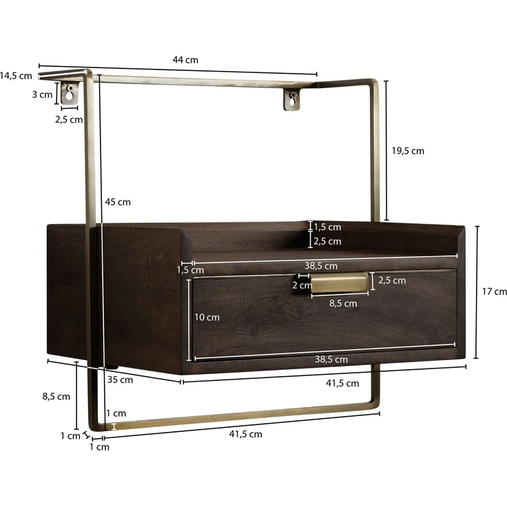 FINEBUY Nachttisch FB64190 (Nachtkonsole für Wandmontage 44x35 cm Dunkelbraun), Nachtschrank Mango Massivholz, Nachtkästchen – Bild 3